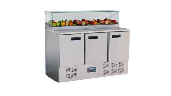 Polar G-Series 3 Door Pizza Prep Counter with Glass Sneeze Guard 444Ltr
